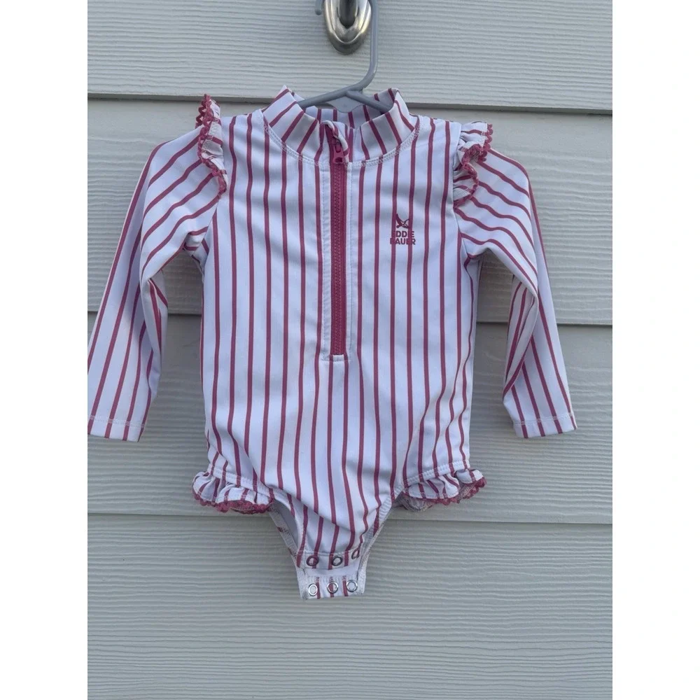 Eddie Bauer Toddler Girls Pink & White Stripped Ruffle Swimsuit Size‎ 12 Months